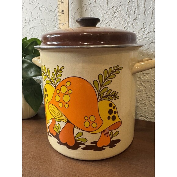 VINTAGE STOCK POT SEARS ENAMELWARE MERRY MUSHROOM RETRO ORANGE BROWN - Picture 2 of 7